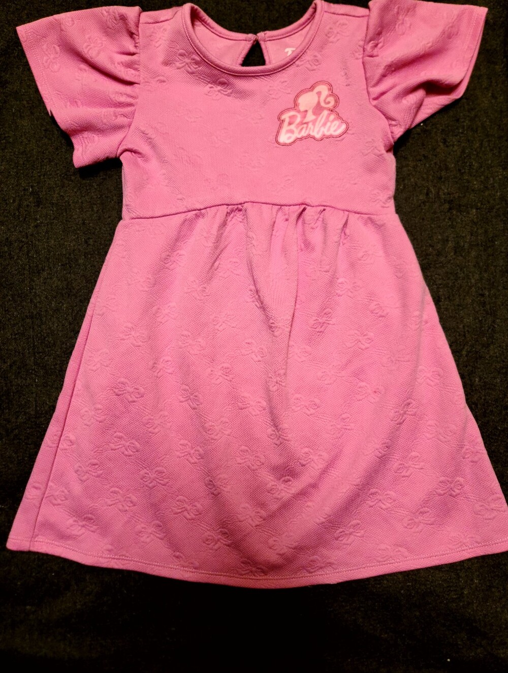 Barbie Pink Flutter Sleeve Embossed Bow Dress Girls Size 5T Hybrid Apparel